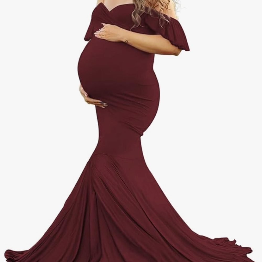 Saslax Off Shoulder Ruffle Sleeves Elegant Fitted Maxi Maternity Dress